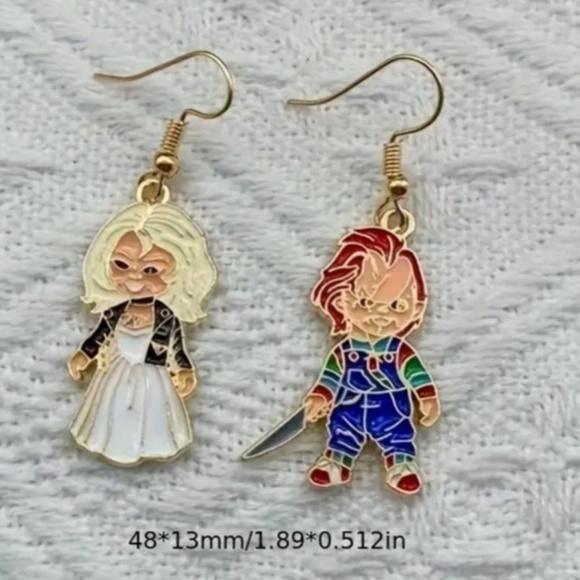 NWT! Chucky and Bride of Chucky Gold Tone Enamel Pierced Dangle Earrings! - Picture 2 of 3